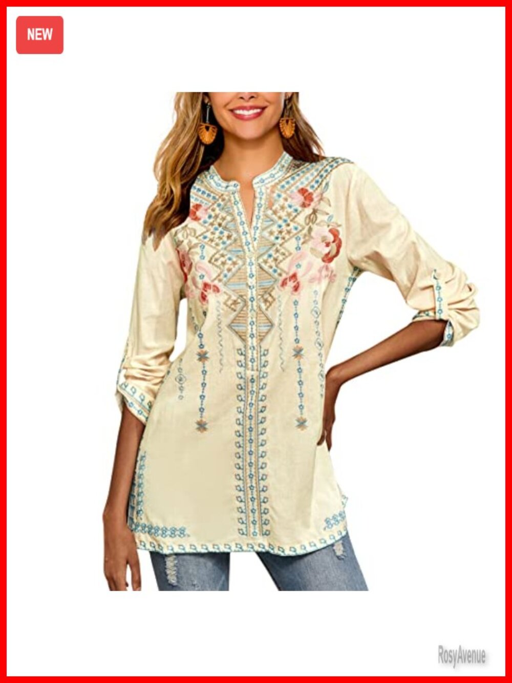 Women's Embroidered Peasant Tunic Top Button Down Cotton Rayon Blouse